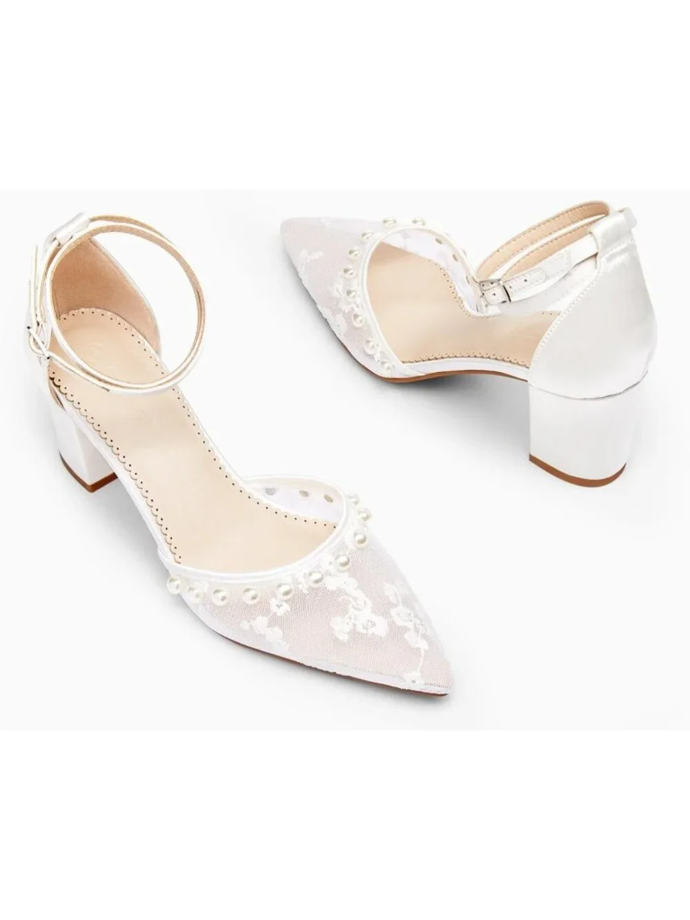 Women's White Lace Pearl Heels Shoes for Bride Closed Pointed Toe Ankle Pump